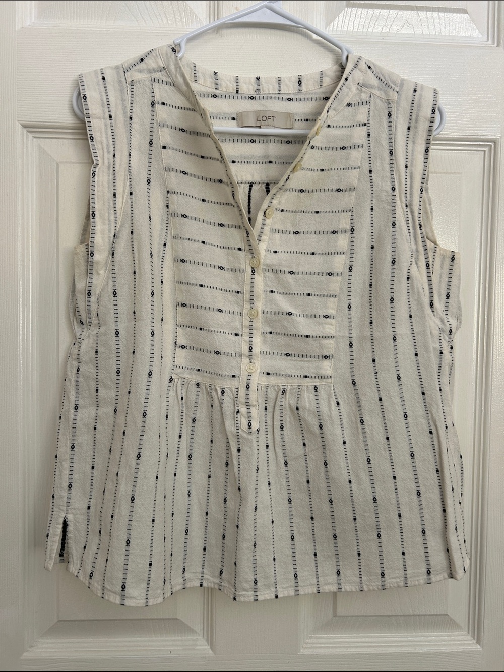 LOFT Cream and Navy Striped Sleeveless Henley Tank